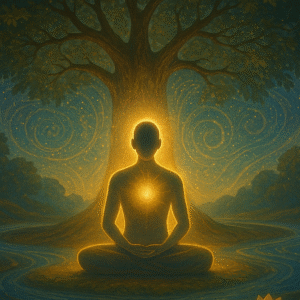 आत्मा की उपनिषद् दर्शन” को दर्शाती है जहाँ एक व्यक्ति ध्यान मुद्रा में बैठा है और आत्म-निरीक्षण करता है।