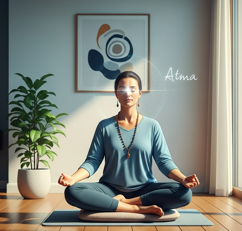 आत्मा की उपनिषद् दर्शन” को दर्शाती है जहाँ एक व्यक्ति ध्यान मुद्रा में बैठा है और आत्म-निरीक्षण करता है